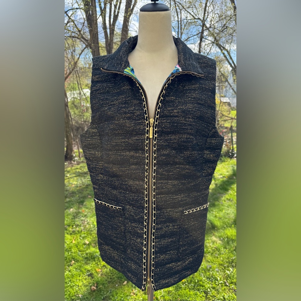 Lilly Pulitzer Womens XL Puffer Noella Vest Onyx Resort Boucle Gold Chain Detail